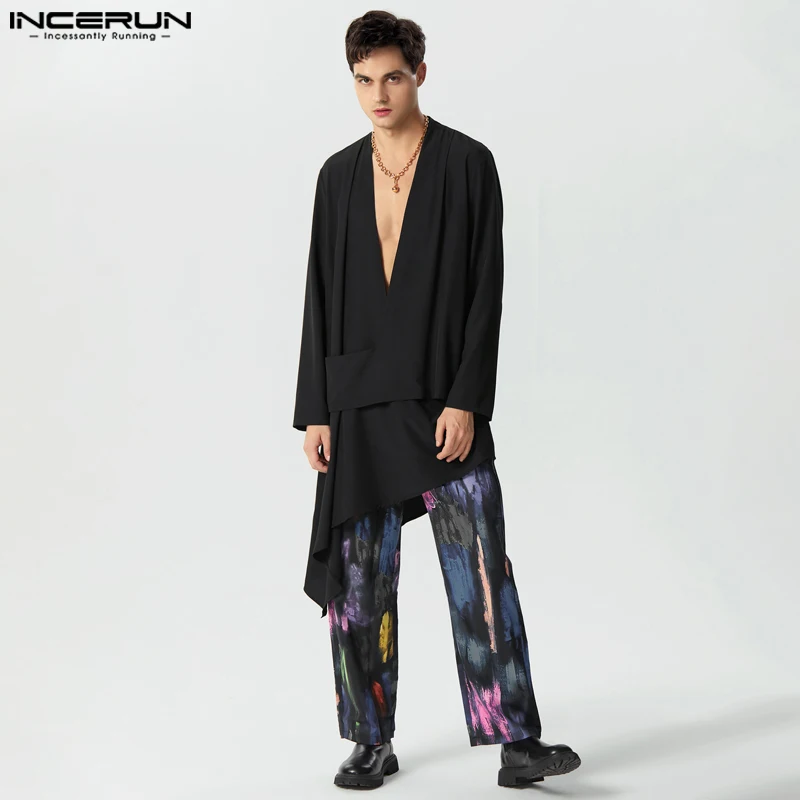 

INCERUN Men Irregular Shirt Solid Color V Neck Long Sleeve Casual Camisas Streetwear 2023 Fashion Leisure Men Clothing S-5XL