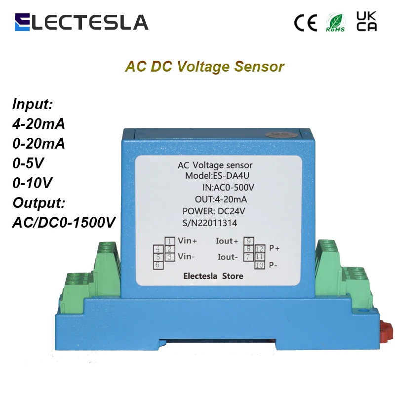 

DC Voltage Transmitter Transducer DC 0-1000V Input Voltage Sensor 4-20mA 0-5V 0-10V RS485 Output DC24V Power Supply