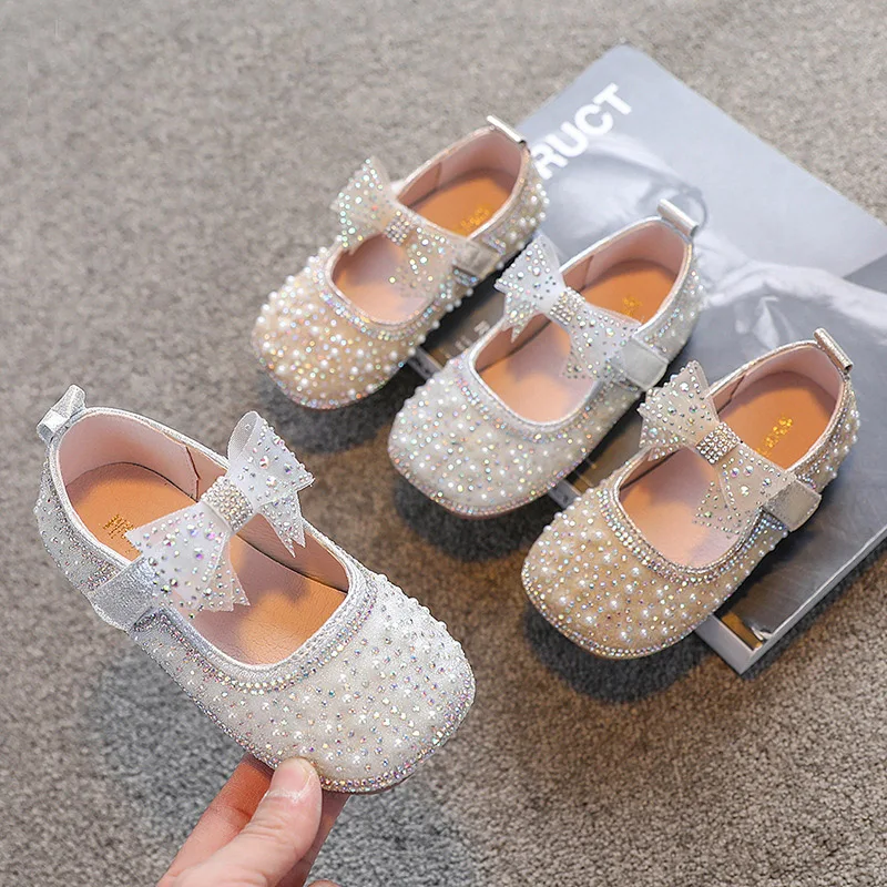 children's shoes for adults New Girls Gold Silver Princess Crystal Shoes Children's Pearls Bowknot Flats Kids Baby Korean Party Dress Shoes 2022 1T To 7T children's shoes for adults