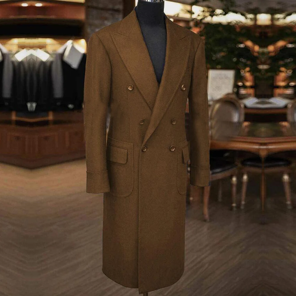 

Brown Men's Suit Jackets Custom Made Double Breasted Overcoat Outwear Tweed Wool Blend Trench Coat Long Man Tuxedos Prom Blazers