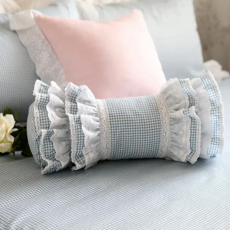 

New classic blue plaid decorative pillow European style embroidered candy cushion princess ruffle pillows ( include filler)