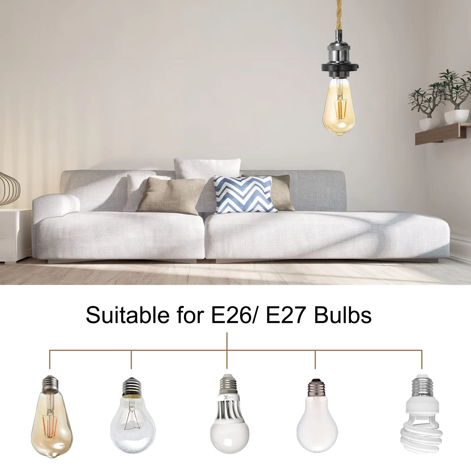 15.4Ft Pendant Light Cord Kit Plug in E26 Socket Hanging Light with Switch Wire Vintage Twisted Hemp Rope Bulb Socket Cord Cable
