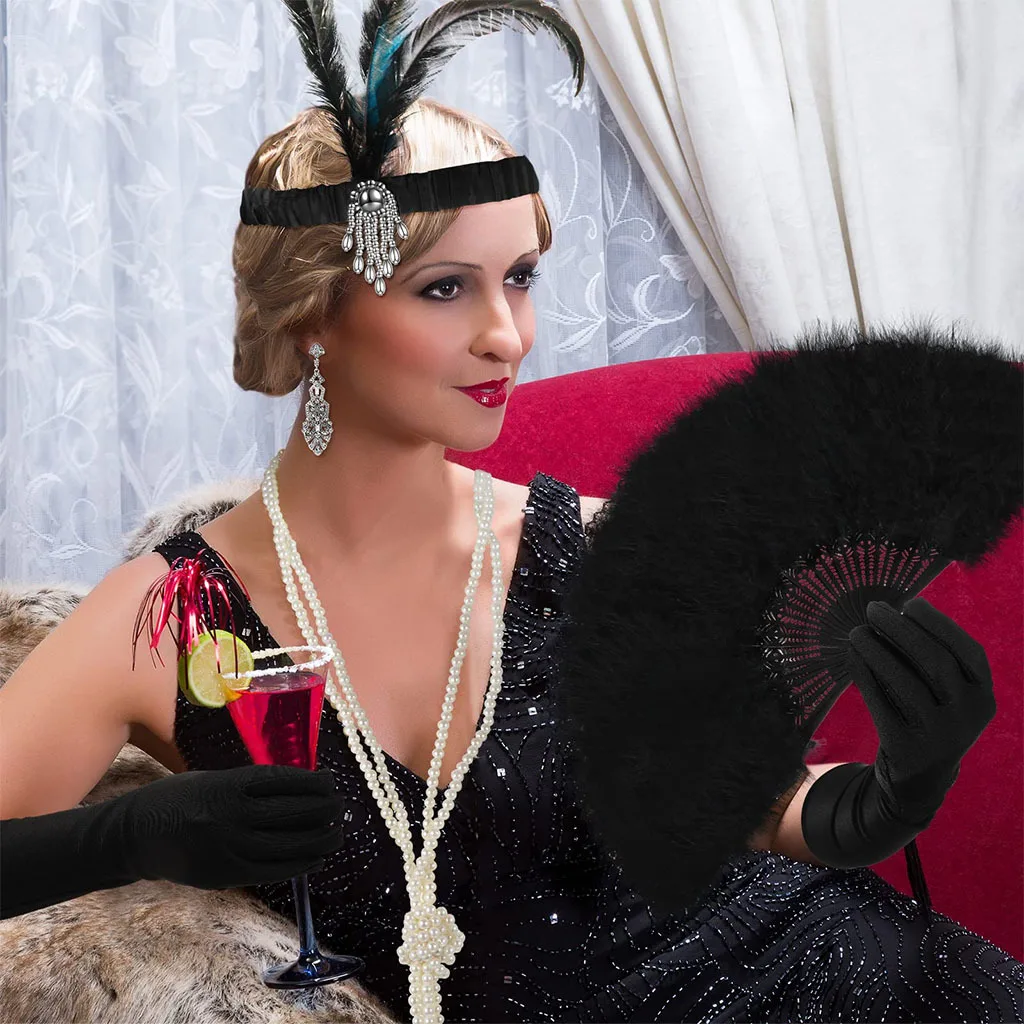 20er Jahre Great Gatsby Style Party Feder Stirnband Perlenkette Rauchstab Vintage Ohrringe Schwarze Feder Fan Set für Frauen 1920er Jahre – Detail 8