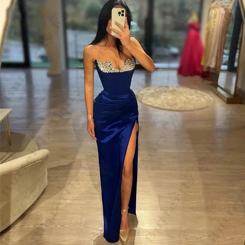 Gorgeous Satin Formal Evening Dresses Beautiful Beading Sexy Backless Mermaid Off Shoulder Sleeveless High Split Prom Gowns 2024