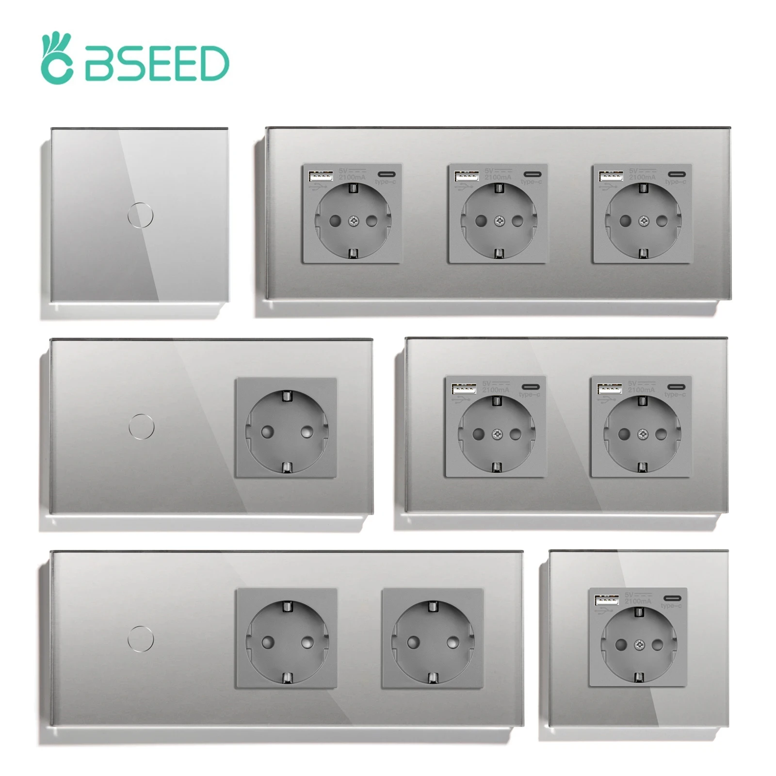 BSEED Wall Light Switch Touch 1/2/3Gang Sensor Switch EU Power Socket USB Gray Glass Panel EU Standard Darkblue BackLight light touch switches