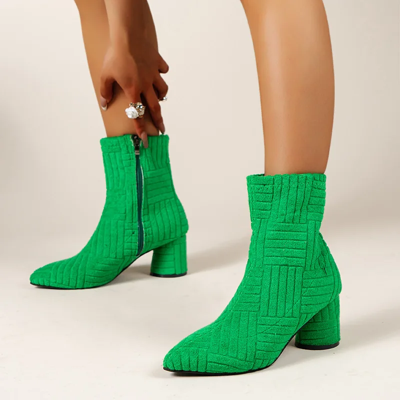 Chunky High Heel Fashion Green Catwalk Street Women's Boots Short Boots