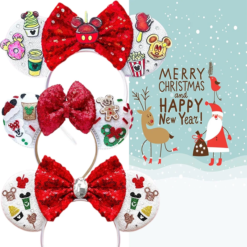 Disney Christmas Mickey Hair Band Girls Mickey Cookies Headbands Kids Bow Sequins Hair Accessories Women Christmas Bear Headwear