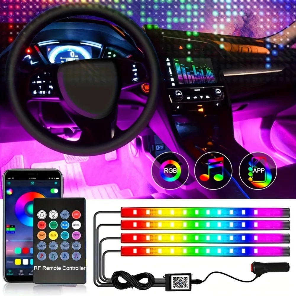 

4pcs Car LED Lights 48 LED Interior Lights Smart App Control Lights Bars Multicolor Music Car Strip Light Under Dash Lighting