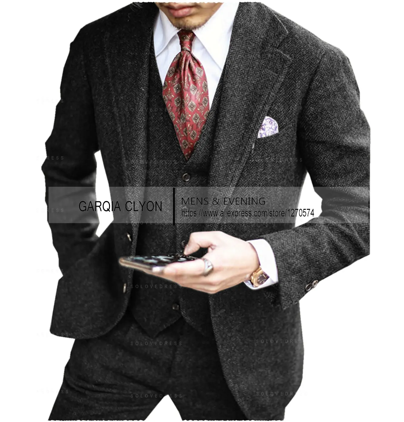 

Brown 2022 Mens Tweed Herringbone Wedding Suit Prom Tuxedos 3 Piece Peak Lapel Tweed for autumn Slim Fit (Blazer+vest+Pants)