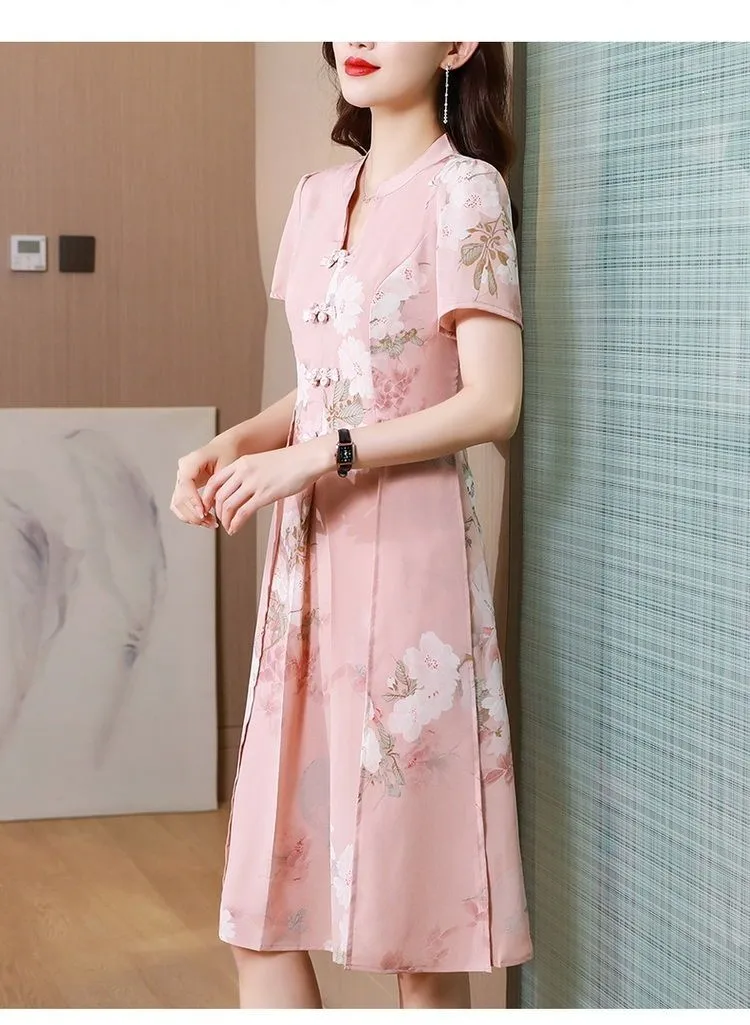 2023 pink Print Silk Satin Short Sleeve Midi Dress Women Vintage Asian-style cheongsam Vestidos Summer Elegant Dress 5