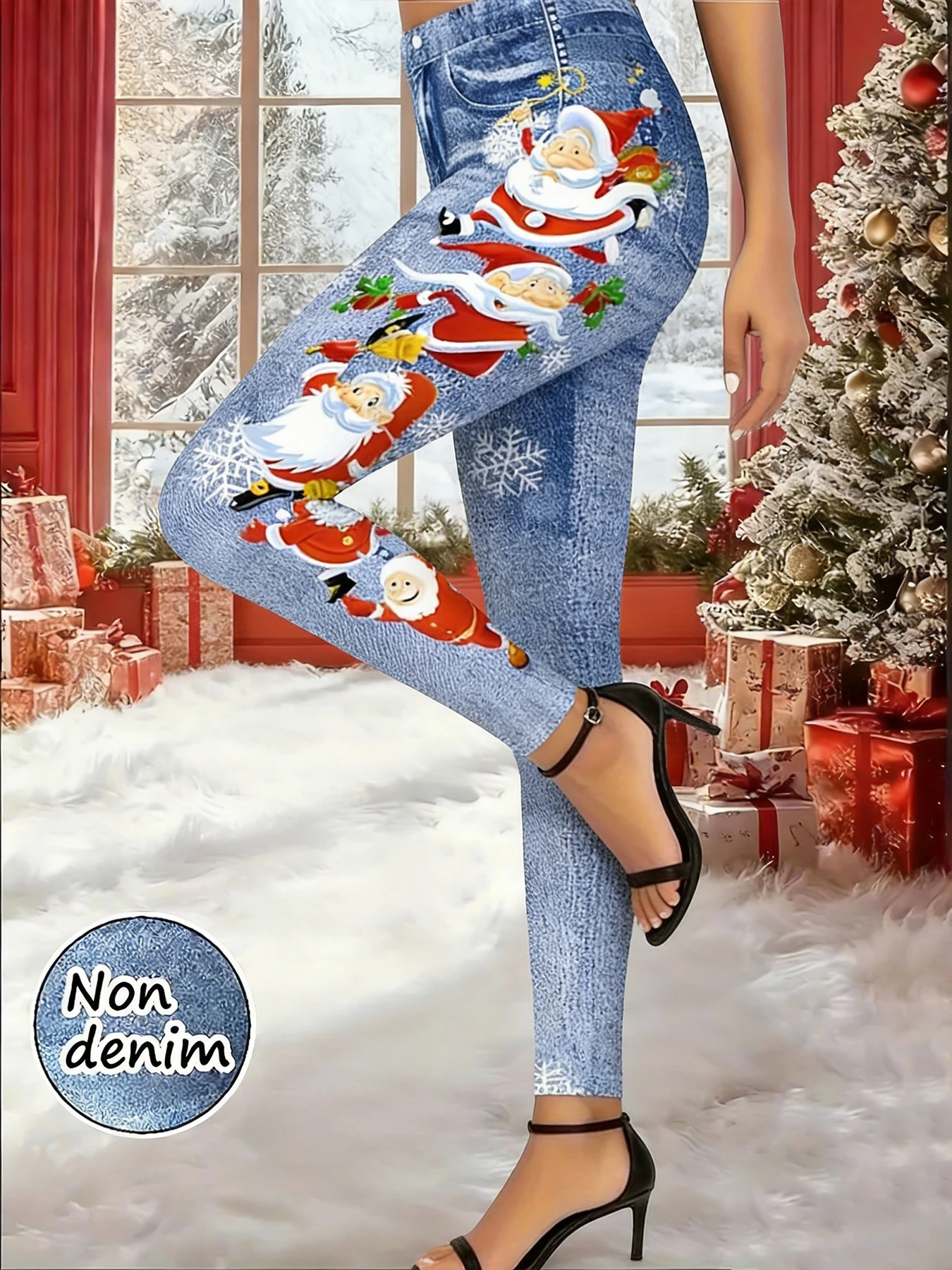 【Non-Denim】Women's Faux Denim Print Leggings, Sports Casual Skinny Pants, Thin Soft Skin-Friendly Yoga Pants, All-Season Long Pa 3