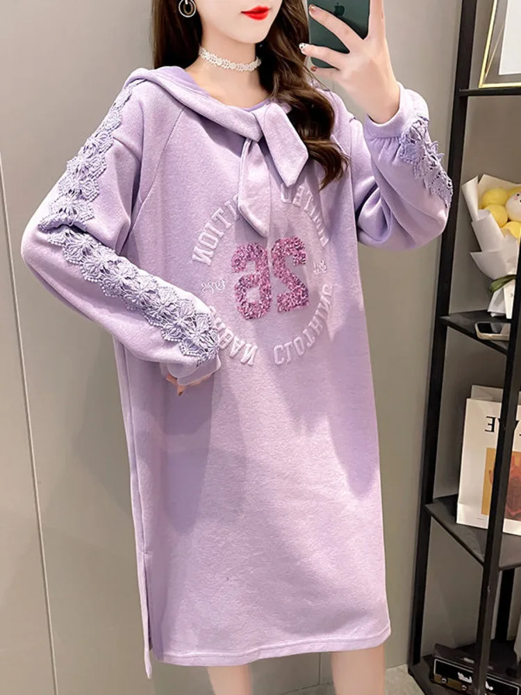 Spring Hoodie Women Cotton Lace Stitching Long Sleeves Knee Length Pullover Dress Korean Letter Print Fashion Casual Ladies Top |