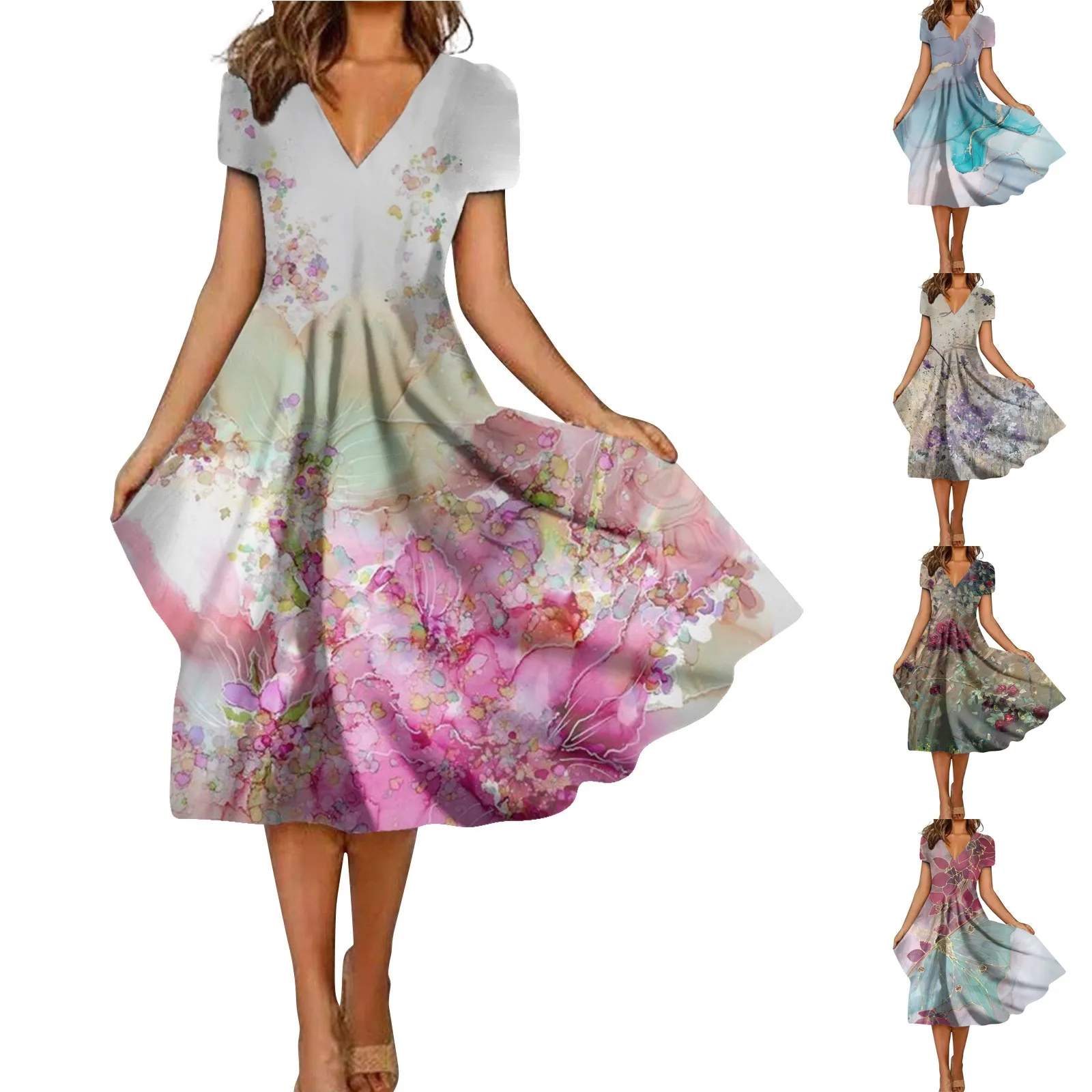 

Women'S Dress Slim Casual Elegant Loose V Neck Floral Printed Women Summer Dress Beach Dresses Summer Woman 2023 Vestidos