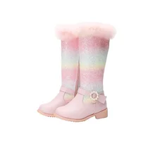 2023 New Autumn Winter Girls Rainbow Princess Fashion Children Pink Boots Knee Length Boots Plush Fur Girls Shoes 6