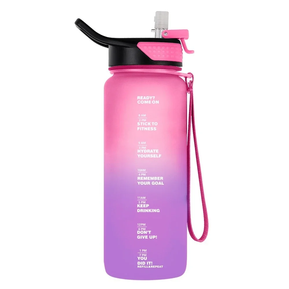1리터 그라데이션 컬러 동기부여 물병 (시간 표시 및 빨대 포함), 새지 않는 BPA 프리 스포츠 물통 (헬스장, 하이킹용)