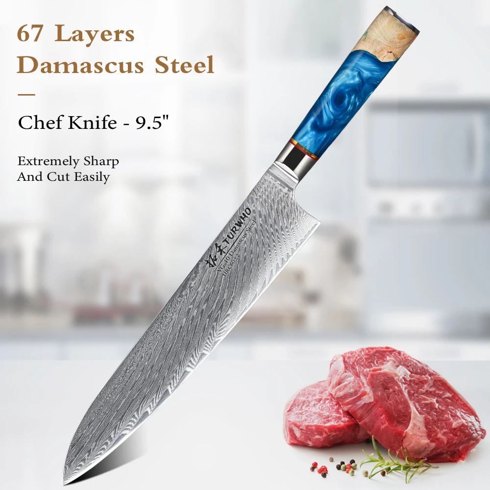 

TURWHO 9.5 Inch Chef Knife 67 Layer Damascus VG10 Steel Core Kitchen Knives Cuting Fish Meat Sharp Resin Colored Wood Handle