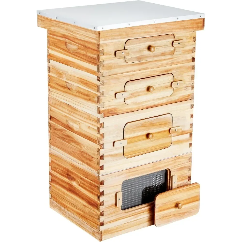 10 Frame Bee Hive, Beeswax Coated Fir Wood, 2 Deep + 2 Medium Bee Boxes Langstroth Beehive Kit for Beginners Pro Beekeepers