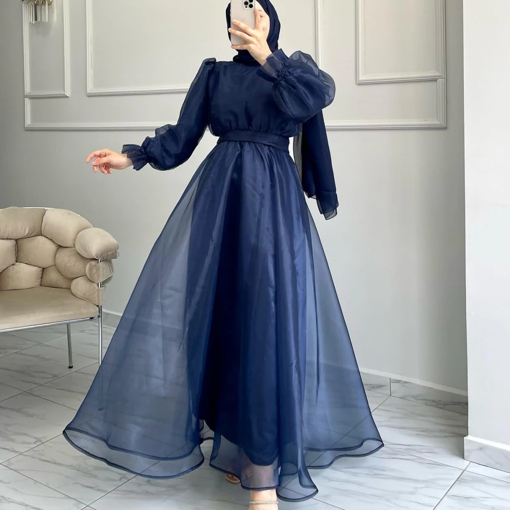 

Qcenkern High Neck Ankle Length Evening Formal Puffy Sleeves Navy Blue Organza Party Dresses Gowns Women Robes de Soirée 2023