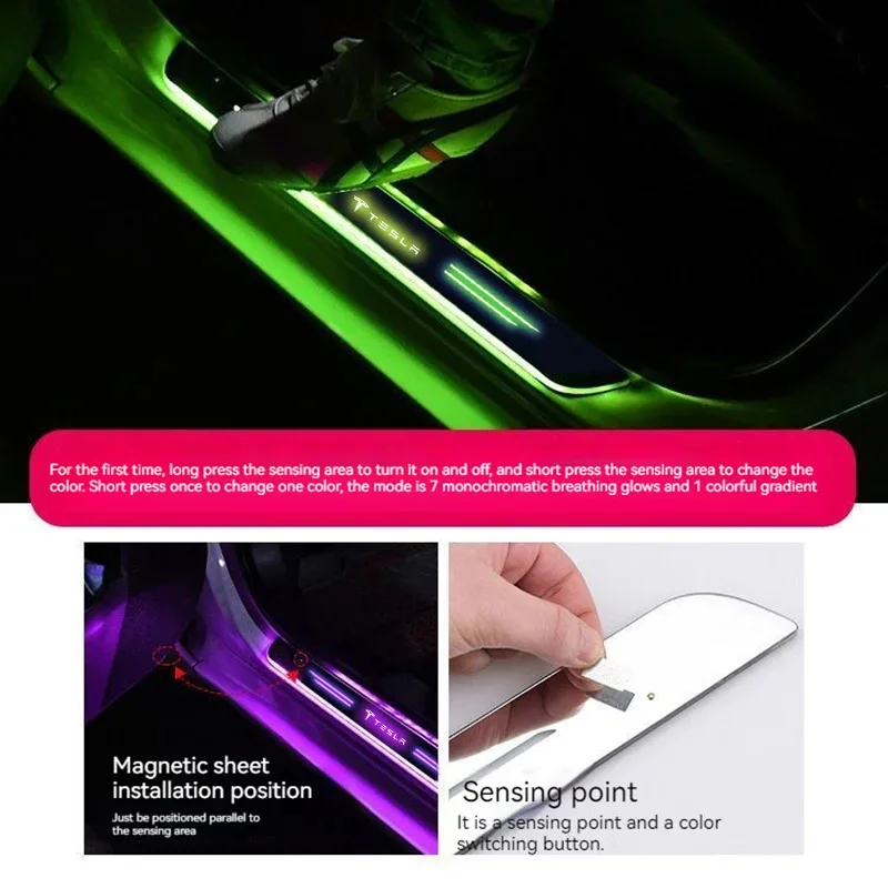 테슬라 모델 3 모델 Y 모델 S 모델 X 자동차 실내 도어 스커프 LED 라이트 액세서리용 차량 무선 LED 도어 스커프 라이트