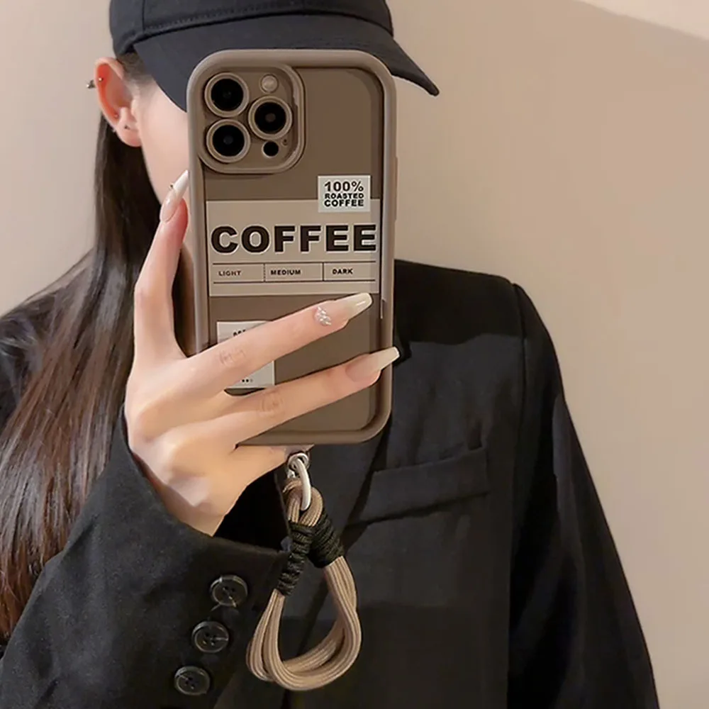 Retro Coffee Label Phone Back Case Brown Lanyard Rope Per Iphone 11 12 13 14 15 Pro Max 7 8 Plus Xs X Xr Lens Cover Antiurto