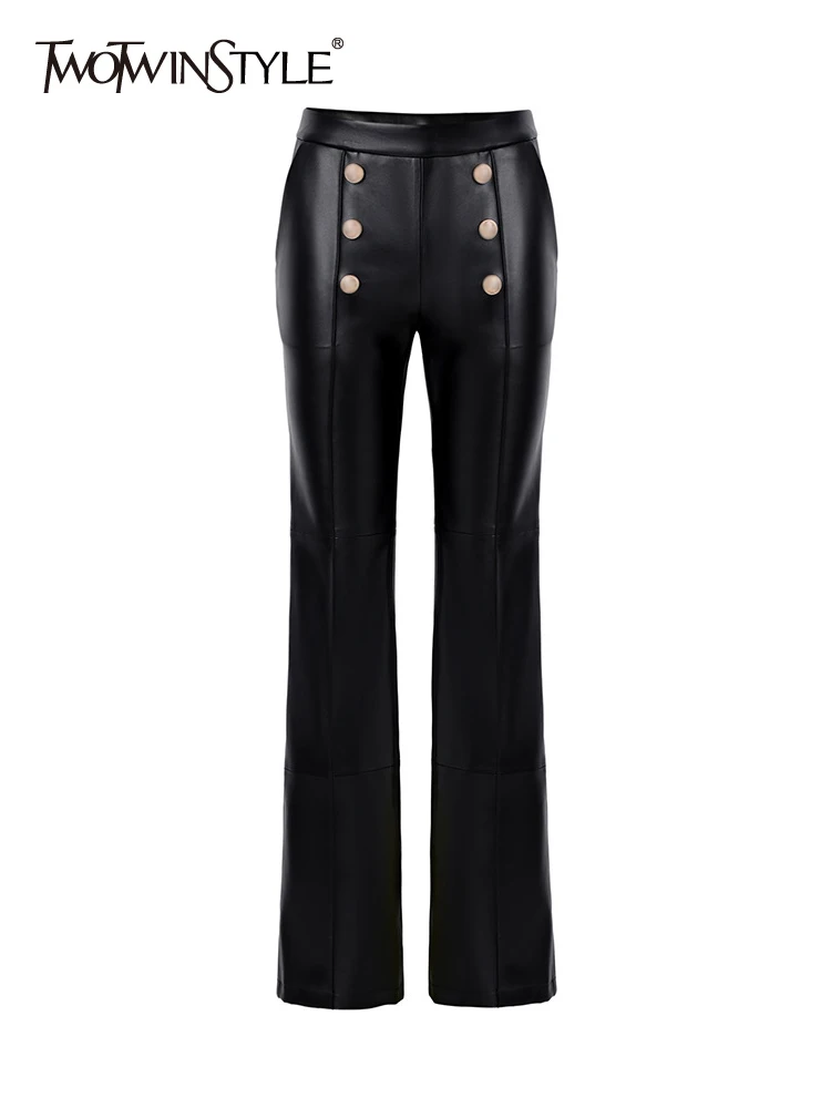 

TWOTWINSTYLE Solid Patchwork Button Leather Pant For Women High Waist Spliced Zipper Streetwear Flare Pants Female Fashion New