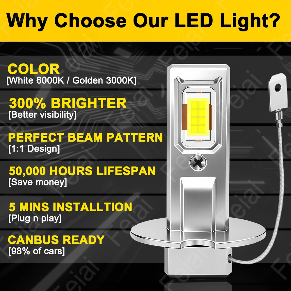 H3 LED 안개등 노란색 고출력 H3 LED 전구 자동차 안개등용, 자동차 안개등 6000K 3000K 12V 미니 플러그 앤 플레이 캔버스 없음