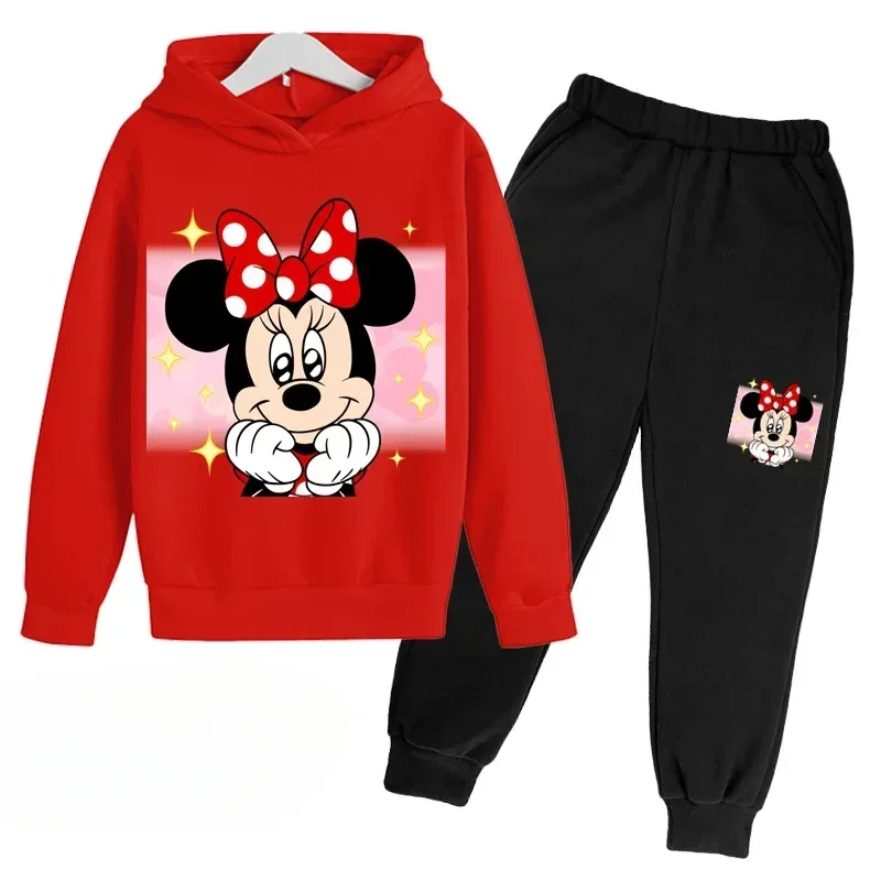 thumbnail image 1 of Conjunto de 2 piezas de sudadera con capucha y pantalones de manga larga con estampado de dibujos animados de Mickey Minnie para primavera y otoño, ropa deportiva informal para niños y niñas, 1 of 4