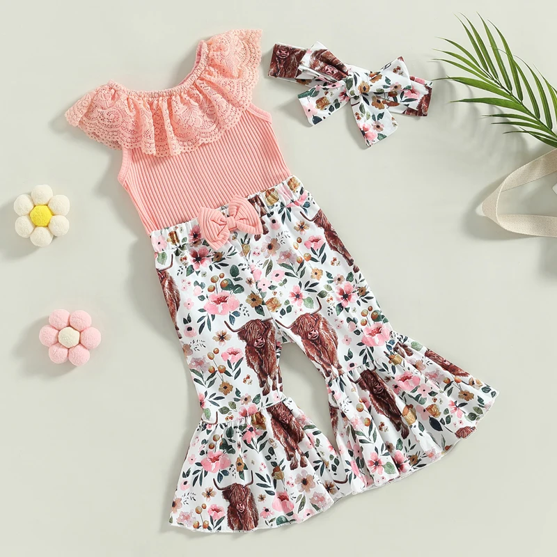 

Miolasay Infant Baby Girls Clothes Set Short Sleeve Letter Print Romper Top Flare Pants with Head Band Outfits