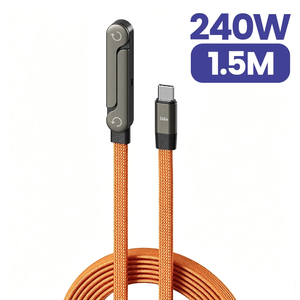240W 2-in-1 Fast Charging Cable with Foldable Phone Holder - Black/Orange