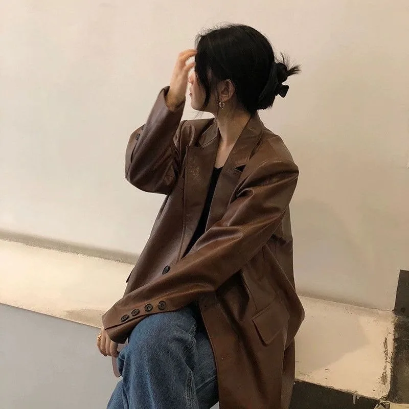 

Women 2023 Autumn/Winter New Loose Relaxed Retro Temperament Commuter Solid Color Single Breasted Long Sleeve PU Leather Blazers