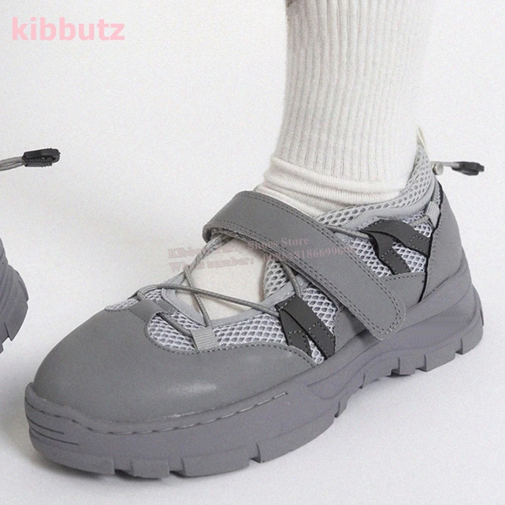 Functional Wind Ballet Sneakers Lace-Up Elasticized Band Hook & Loop Shoelace Round Toe Thick Bottom Mixed Color Fashion Concise