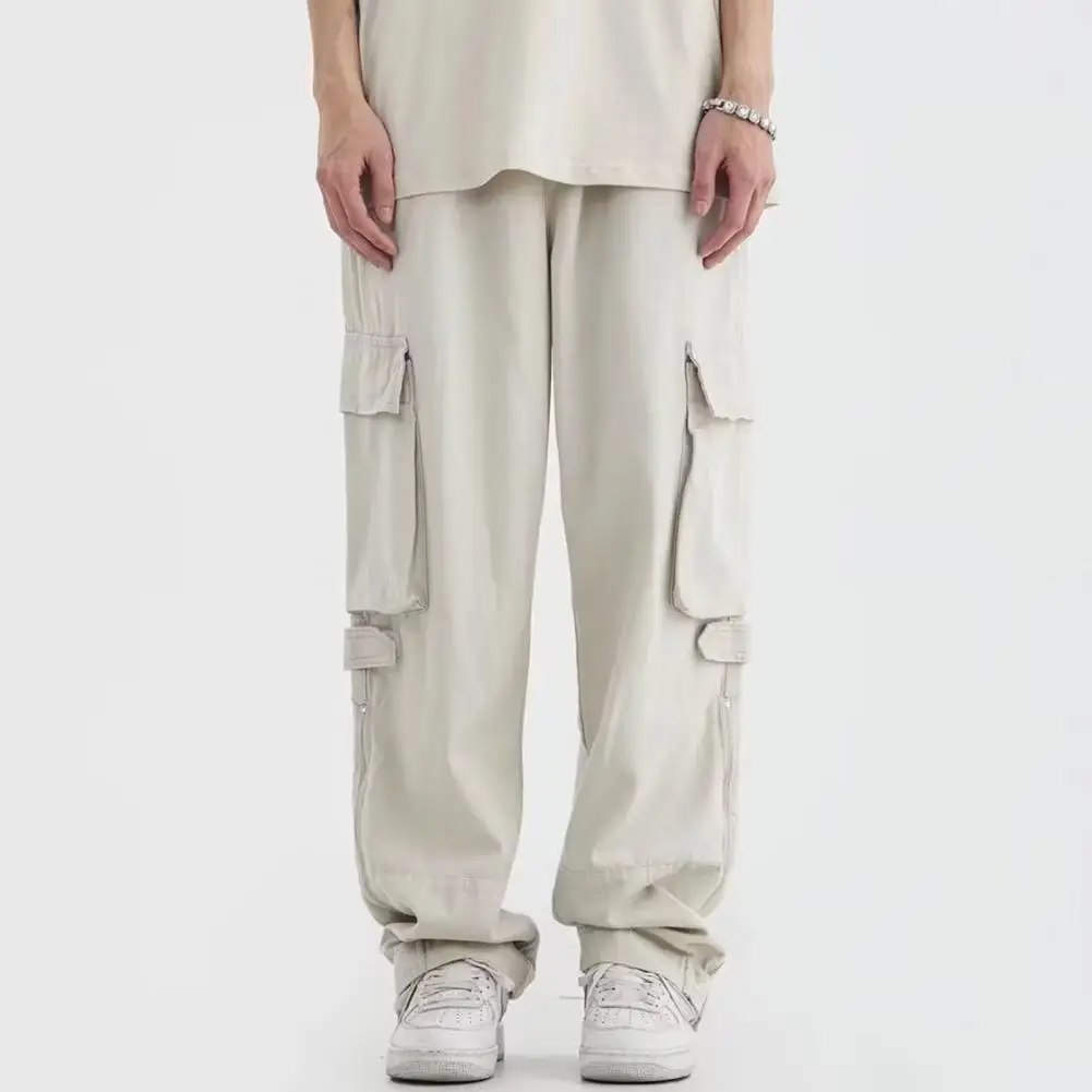 Solid Color Pants Streetwear Men's Cargo Pants Loose Fit Multi-pocket  Design Elastic Waist Stylish Functional Trousers Men - AliExpress