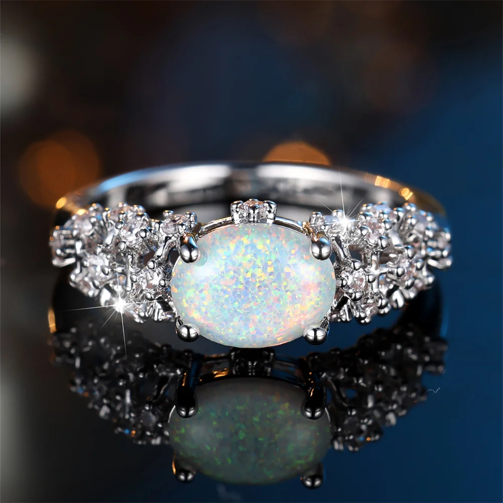 Oval Stone White Fire Opal Rings For Women Luxury Crystal Silver Color Engagement Promise Bands Wedding Jewelry Bridal Gifts