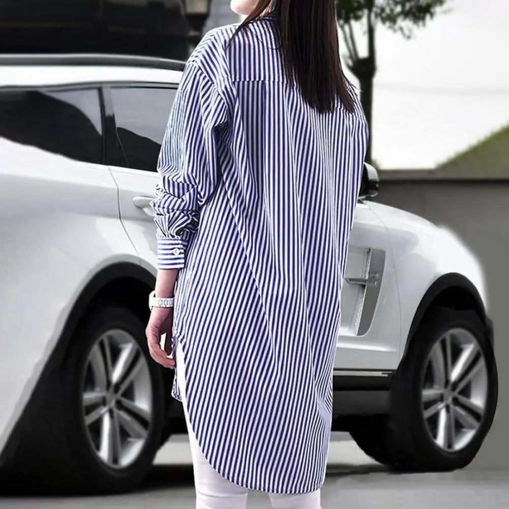

Lady Loose Top Women Shirt Striped Print Loose Split Hem Blouse for Women Single-breasted Turn-down Collar Shirt with Long