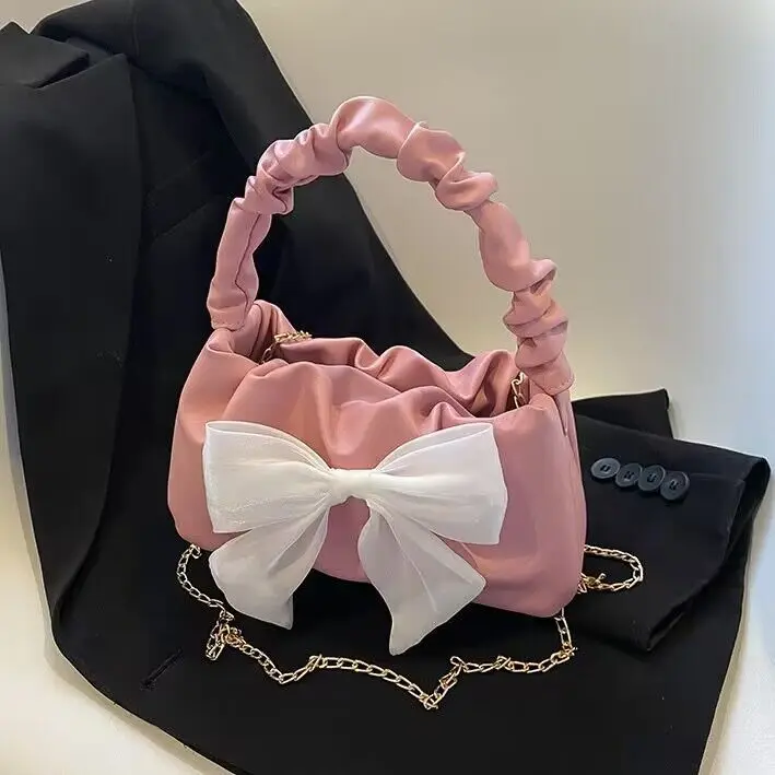 2024 New Ladies Shopping Bag Fashion Cute Bow Decor PU Shoulder Bags for Women Trendy Simple Chain Crossbody Bag Daily Handbags