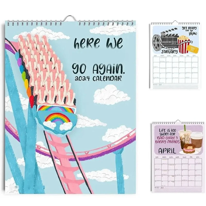 

2PCS Hanging Monthly Here We Go Again 2024 Calendar Fashion Paper Wall Decor Wall Calendar Weekly Organizer Planner Easy To Use