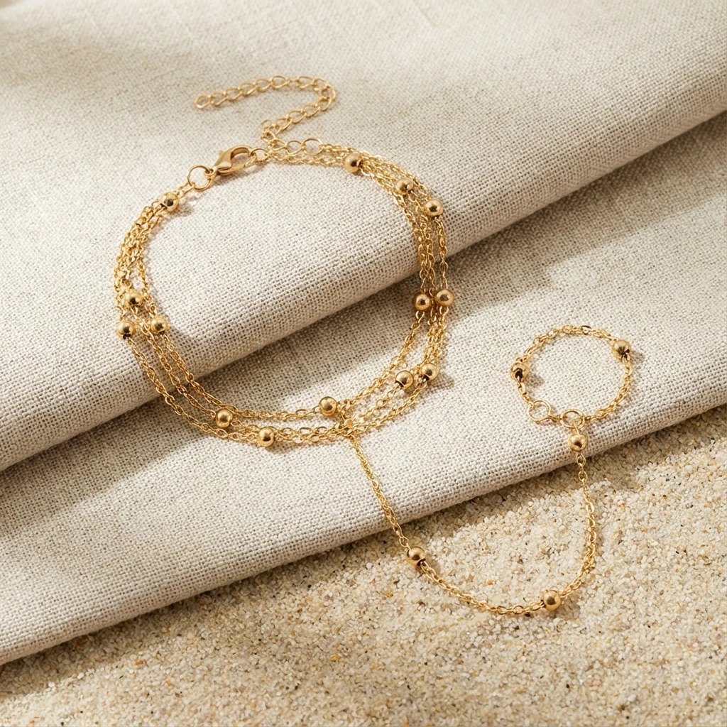 Zierliches Boho-Satellitenperlen-Fingerarmband für Frauen, sexy goldfarbene Handgeschirrkette, minimalistischer Valentinstag, Sommerschmuck, Geschenk – Detail 3