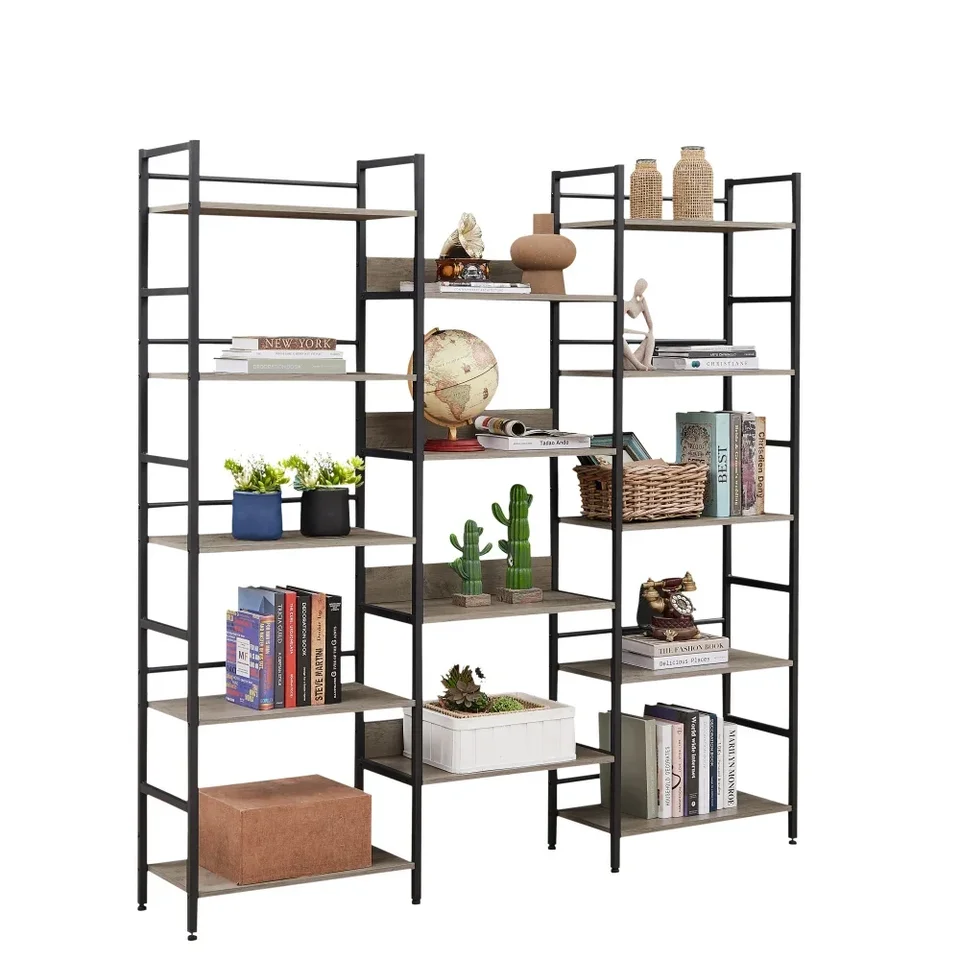 Triple Wide Industrial Retro Wooden Bookshelf Unit