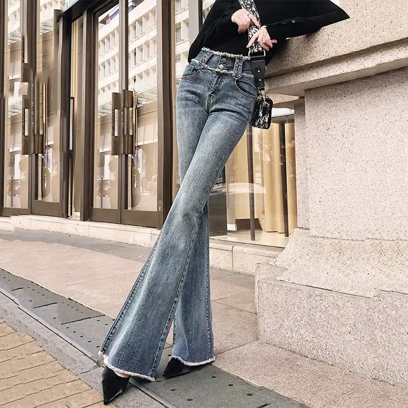 

Women Pants Retro Blue Jeans Women's High Waist Spring And Autumn Tight Flared Pants Pantalones De Mujer