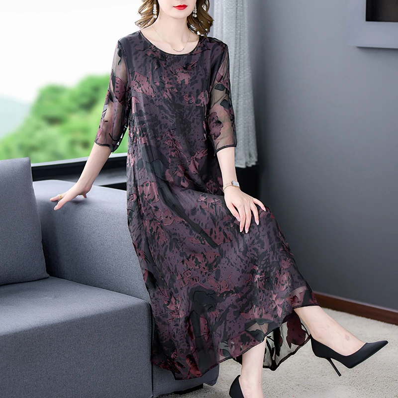 

ZUOMAN Floral Silk Dress Women Summer Dress 2022 New Chiffon Dresses V-neck A-line Lace Dress Beach Style Vestidos