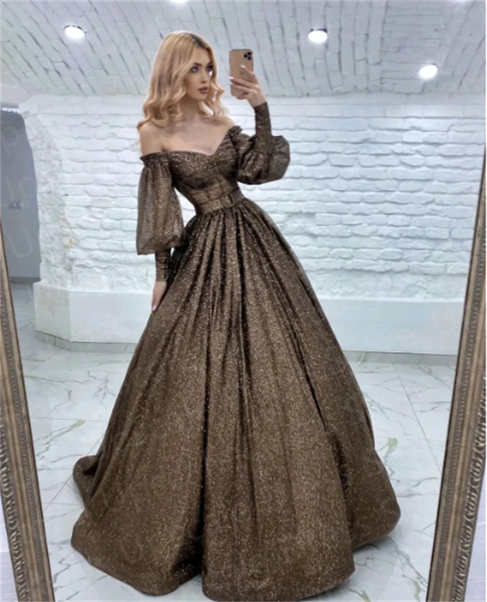 

Stunning Off shoulder Glitter Evening Dresses Long Formal Prom Party Gowns 2024 Puffy Sleeves Dresses Backless Robes De Soirée