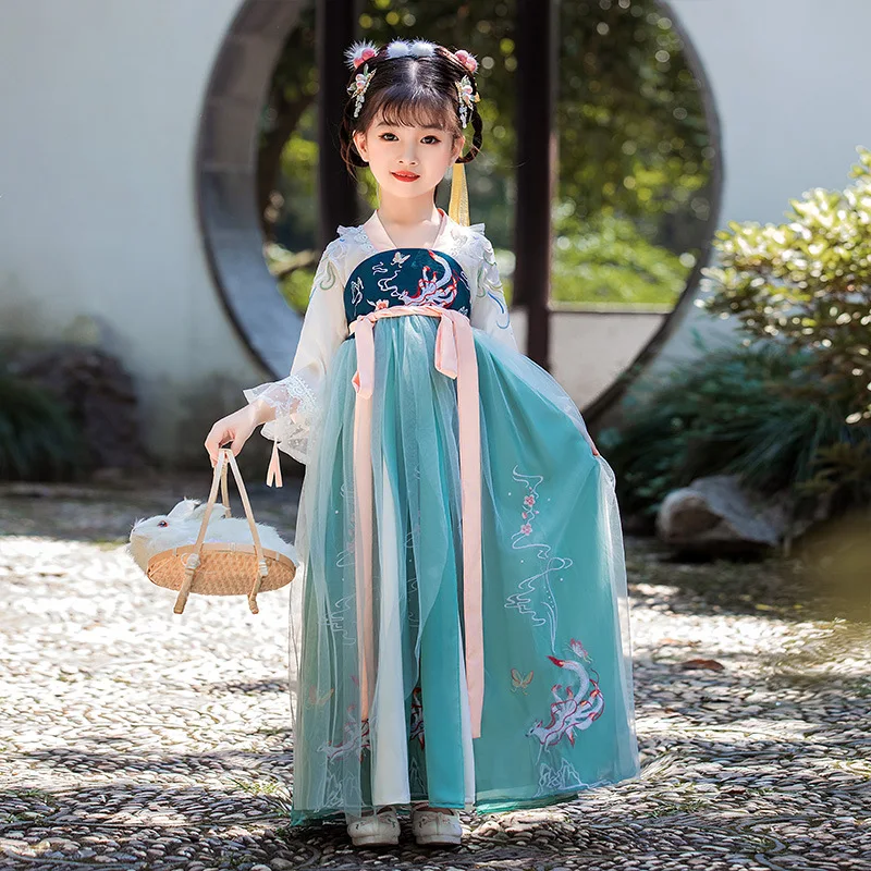 

Summer Children Green Floral Embroidery Hanfu Traditional Chinese Dance Costumes 2022 Fairy Long Sleeve Stage Dress National Ha