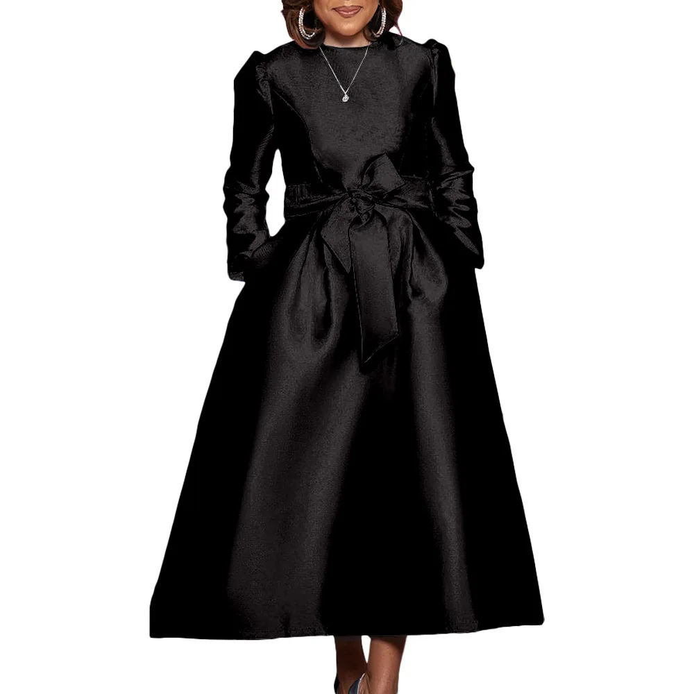 

BN308 Women's Autumn/Winter New Solid Color Round Neck Belt Large Swing Dress