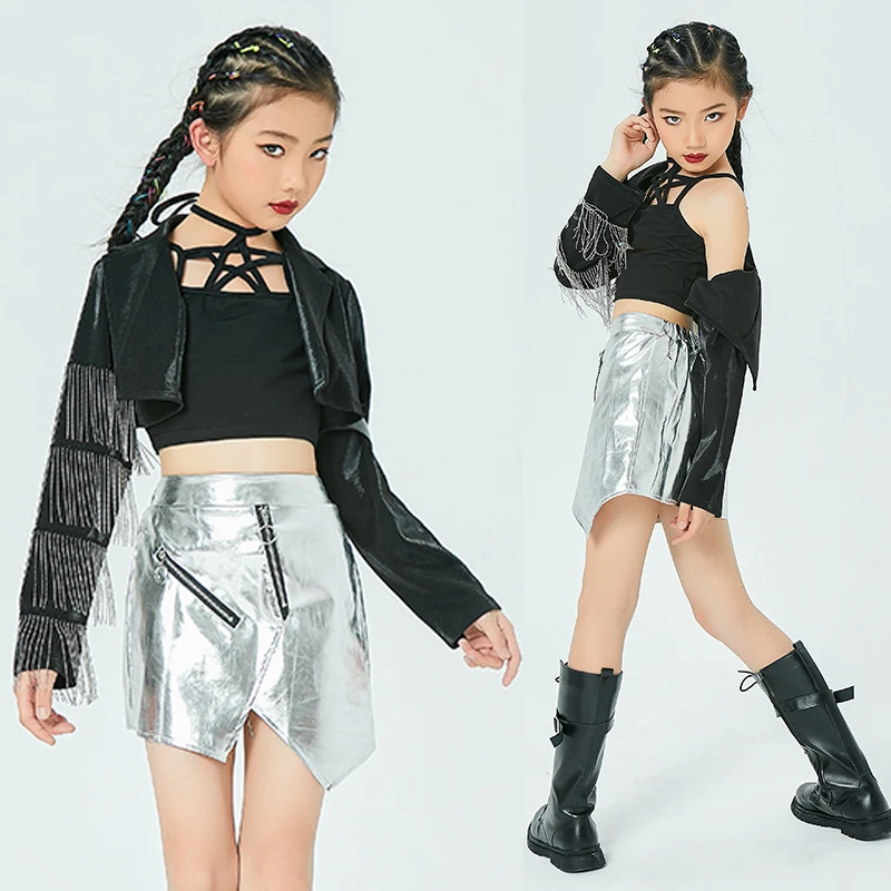 Shiny Stage Costume For Girls Jazz Performance Clothing Silver Fringe