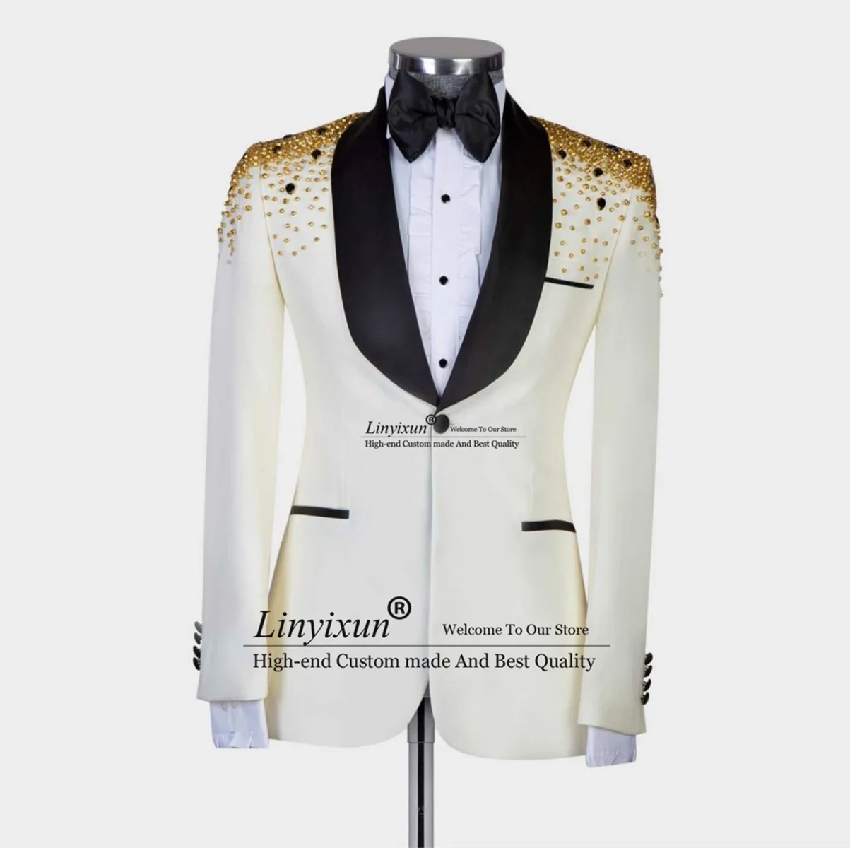 

Luxurious Beaded Men Suits 2Pieces Wedding Groom Dinner Tuxedos Male Party Prom Blazers Shawl Lapel trajes elegante para hombres