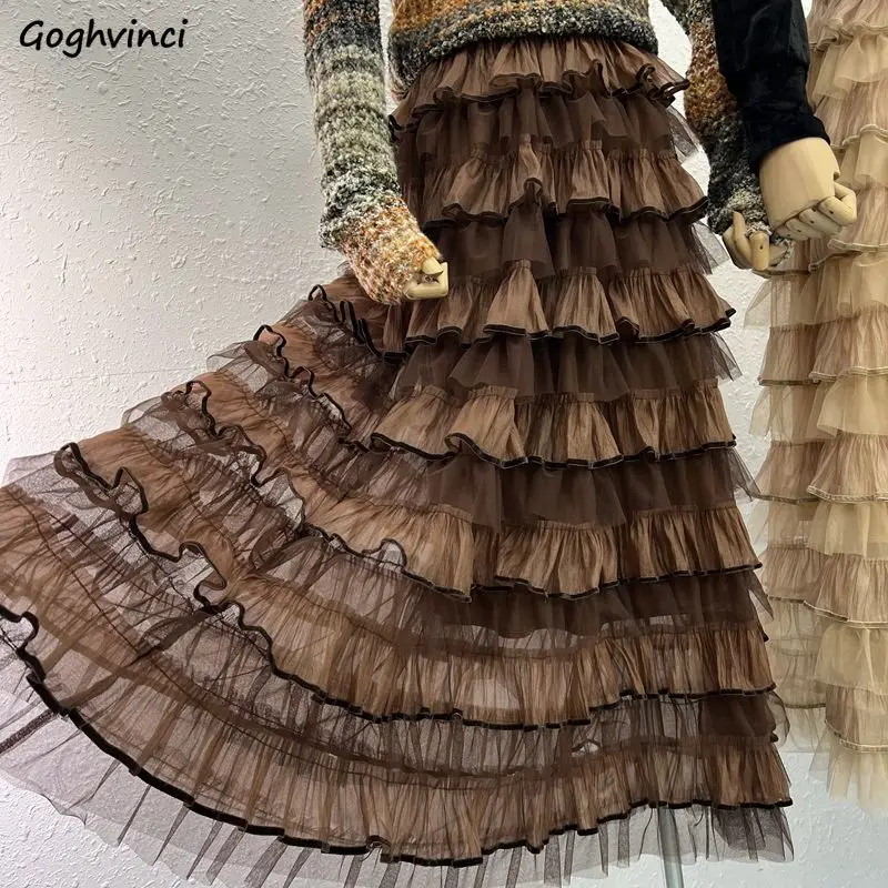 

Юбка-миди Женская сетчатая с оборками, шикарная модная однотонная свободная Милая дышащая уличная одежда для досуга и девушек