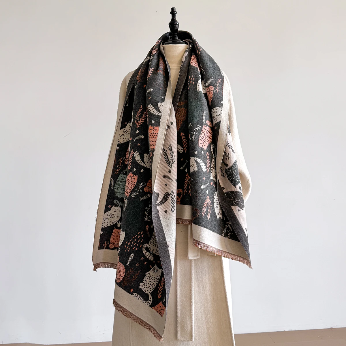 2025 Luxury Cat Print Cashmere Scarf Women's Winter Double-Sided Thick Warm Female Shawl Scarf Pashmina Scarves Hijab Stoles