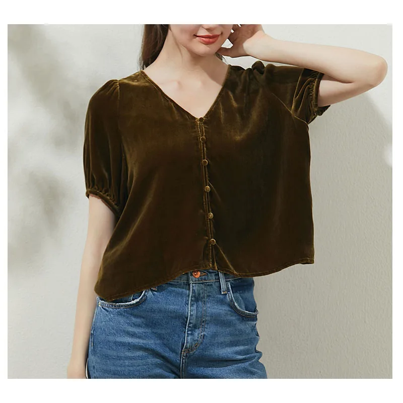 Fengbaoyu Velvet Spring and Summer Ladies Short-sleeved V-collar Short T-shirt Commuter Shirt Glossy Temperament Purple Blouse
