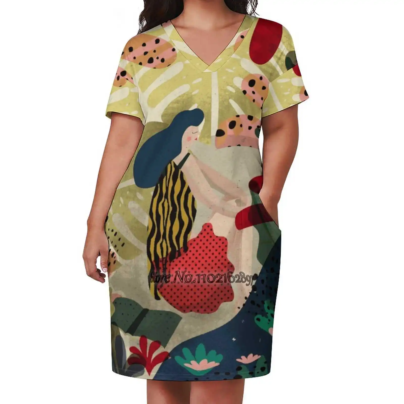 

Relaxed In Jungle Design Print Dress Short Sleeve V-Neck Fashion Skirt Thin Short Sleeve Skirts Forest Green Magical Girly Girl