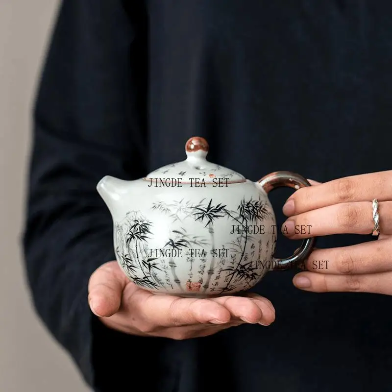 240ml Ceramic Ru Kiln Ink Bamboo Teapot Home Office Teapot Chinese Retro Kung Fu Tea Set